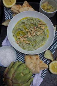 SpinachArtichokeHummus_20web Spinach Artichoke Hummus | Garnished with sliced almonds, olive oil, salt + pepper